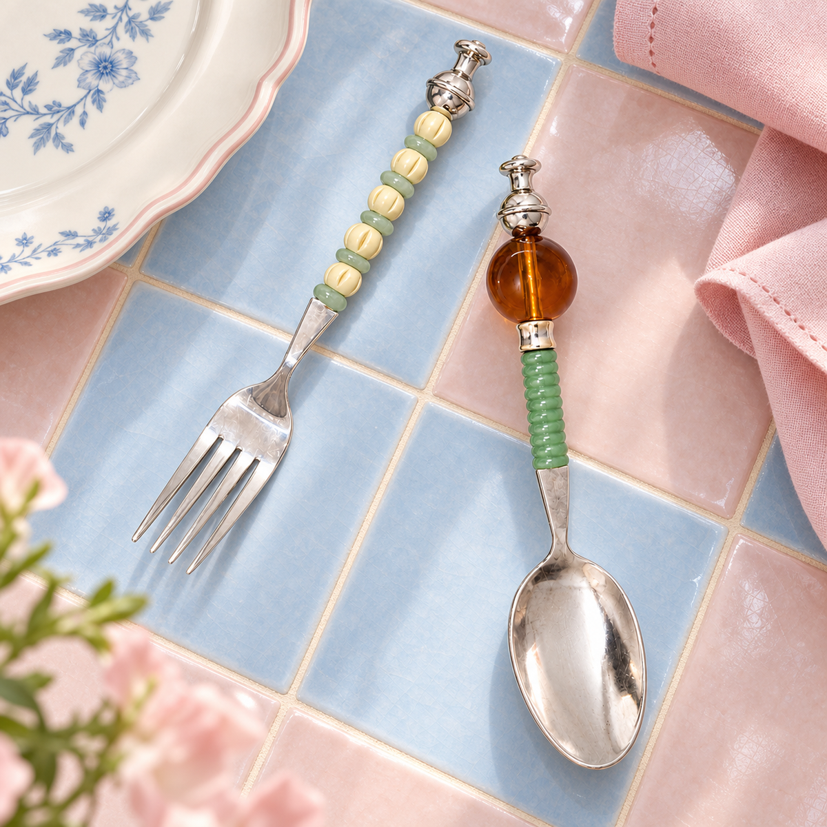 Kit DIY de cubiertos con cuentas Salvia y Ámbar